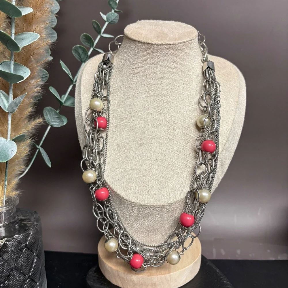New York & Co Layered Silver Tone‎ Chain Necklace | Pink Bead | Multi Strand Y2K